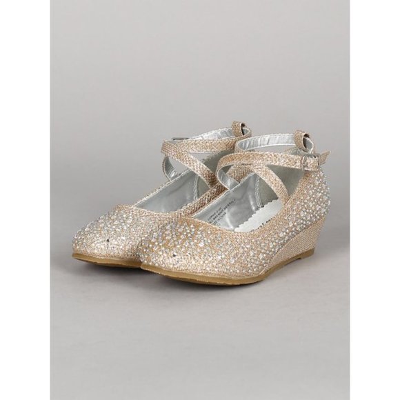 Toddler /Little/ Big Glitter Rhinestone Crisscross Kitten Wedge Heel Pump -RGold - Picture 2 of 5